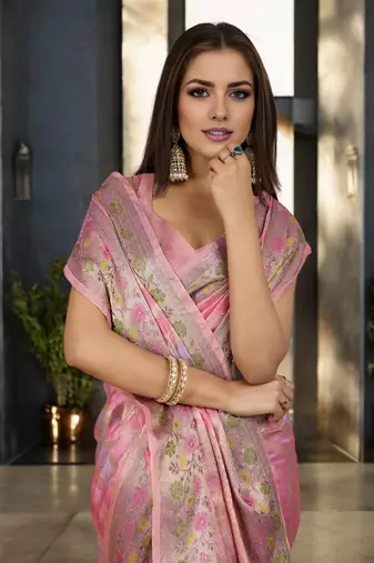 pink organza zari woven saree with unstitched blouse piece