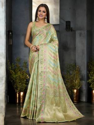 pista organza zari woven saree with unstitched blouse piece 1