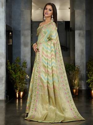 pista organza zari woven saree with unstitched blouse piece 2