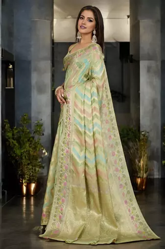 pista organza zari woven saree with unstitched blouse piece