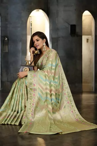 pista organza zari woven saree with unstitched blouse piece