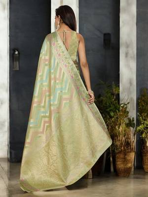 pista organza zari woven saree with unstitched blouse piece 4