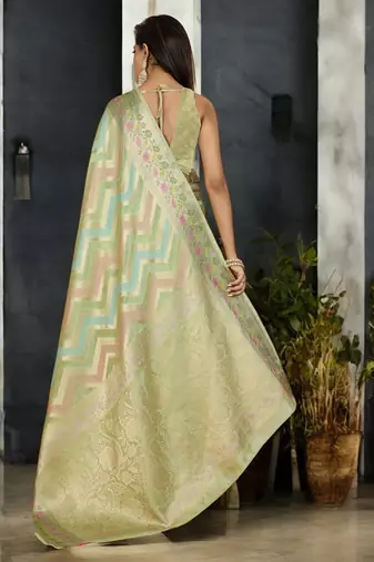 pista organza zari woven saree with unstitched blouse piece