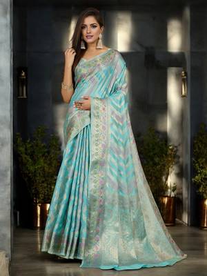 sky blue organza zari woven saree with unstitched blouse piece 1