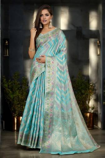 sky blue organza zari woven saree with unstitched blouse piece