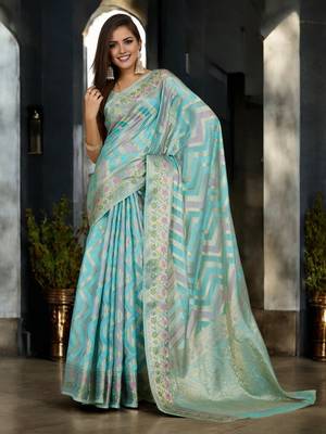 sky blue organza zari woven saree with unstitched blouse piece 2