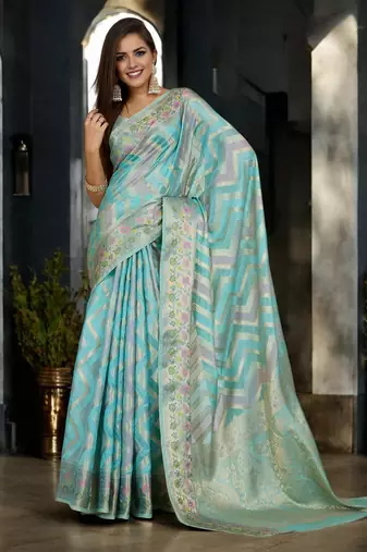 sky blue organza zari woven saree with unstitched blouse piece