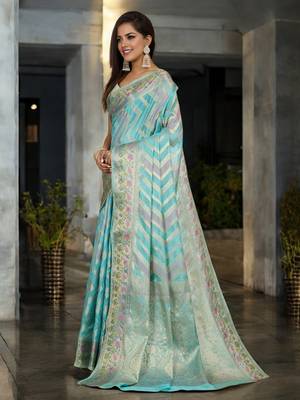 sky blue organza zari woven saree with unstitched blouse piece 3