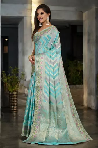 sky blue organza zari woven saree with unstitched blouse piece