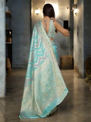 sky blue organza zari woven saree with unstitched blouse piece 4