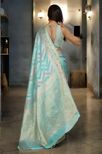 sky blue organza zari woven saree with unstitched blouse piece