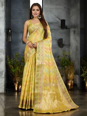 yellow organza zari woven saree with unstitched blouse piece 1