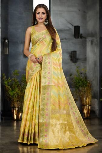 yellow organza zari woven saree with unstitched blouse piece