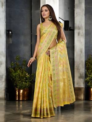 yellow organza zari woven saree with unstitched blouse piece 2