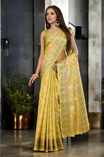 yellow organza zari woven saree with unstitched blouse piece