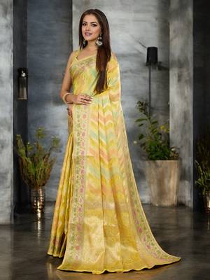 yellow organza zari woven saree with unstitched blouse piece 3