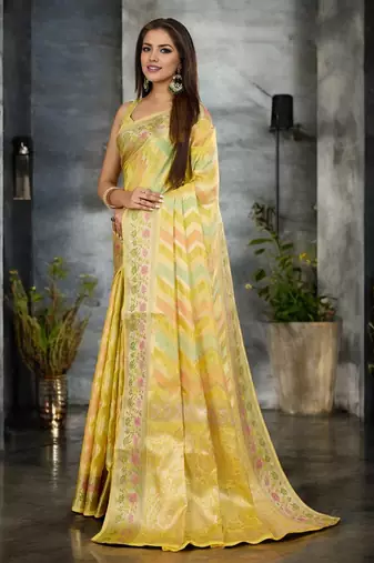 yellow organza zari woven saree with unstitched blouse piece
