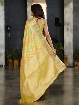 yellow organza zari woven saree with unstitched blouse piece 4
