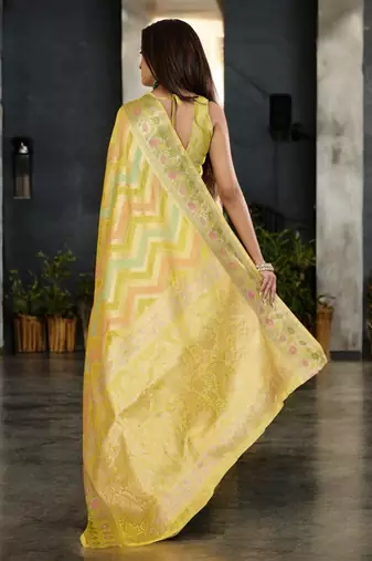 yellow organza zari woven saree with unstitched blouse piece
