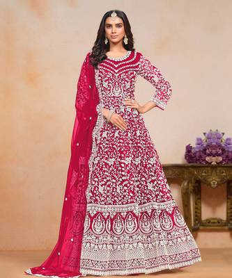 Red embroidery net anarkali suit 1