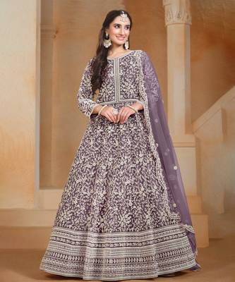 Lavender embroidery net anarkali suit 1