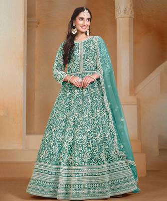 Sea green embroidery net anarkali suit 1