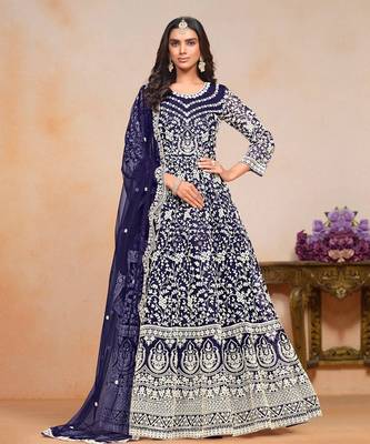 Navy blue embroidery net anarkali suit 1