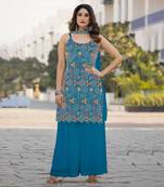 Teal blue designer chinon embroidered Palazzo suit