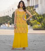 Yellow designer chinon embroidered Palazzo suit