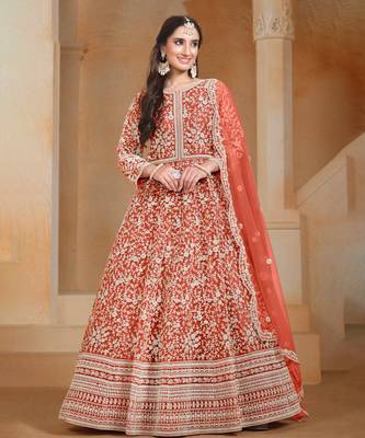 Orange embroidery net anarkali suit 1