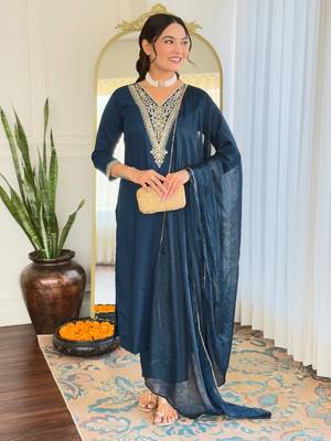 Blue Embroidered Rayon Kurta Set 1