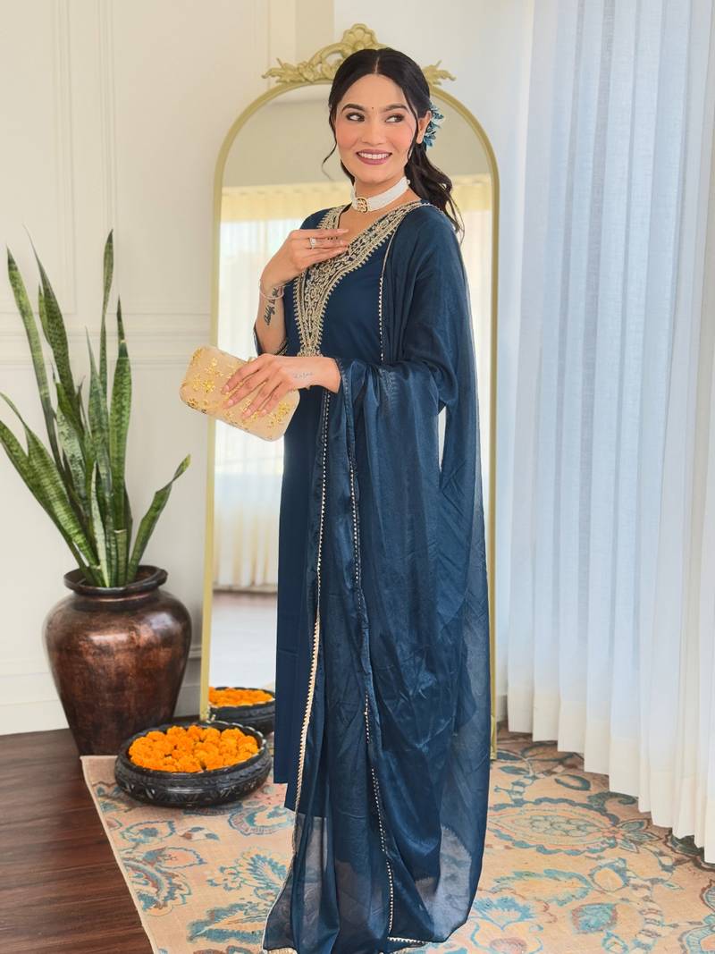 Blue Embroidered Rayon Fabric Kurta Set