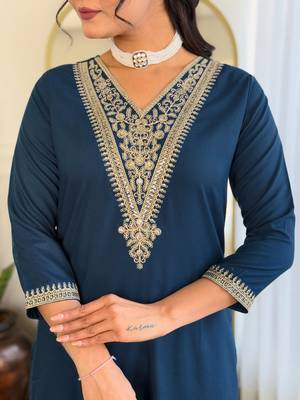 Blue Embroidered Rayon Kurta Set 4
