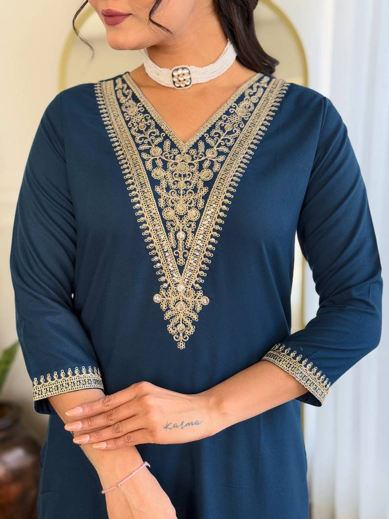 Blue Embroidered Rayon Fabric Kurta Set