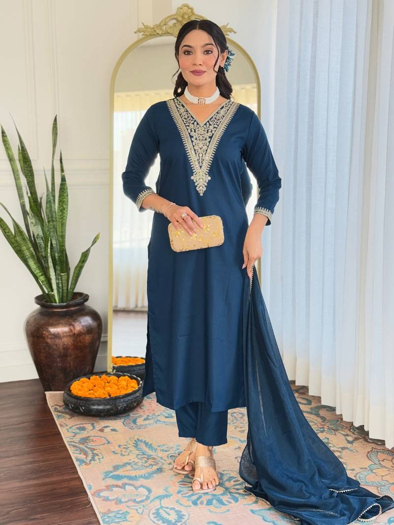 Blue Embroidered Rayon Fabric Kurta Set