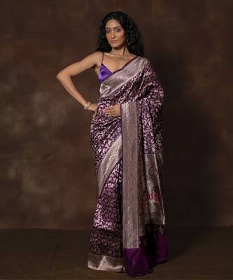 Purple hand woven banarsi silk brocade saree with running blouse 1