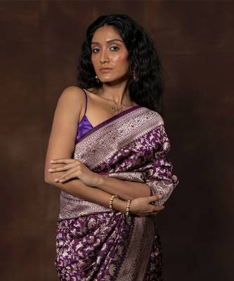 Purple hand woven banarsi silk brocade saree with running blouse 2