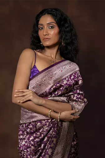 Purple hand woven banarsi silk brocade saree with running blouse