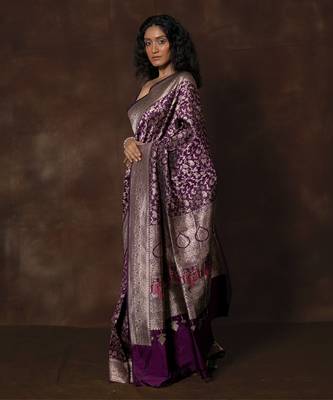 Purple hand woven banarsi silk brocade saree with running blouse 3