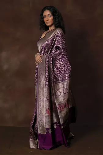 Purple hand woven banarsi silk brocade saree with running blouse