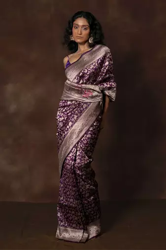 Purple hand woven banarsi silk brocade saree with running blouse