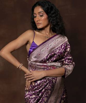 Purple hand woven banarsi silk brocade saree with running blouse 5