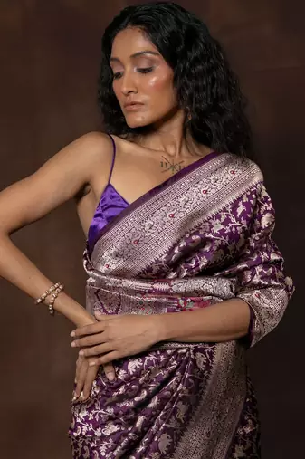 Purple hand woven banarsi silk brocade saree with running blouse