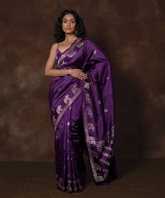 Purple hand woven banarsi silk brocade saree with running blouse 1