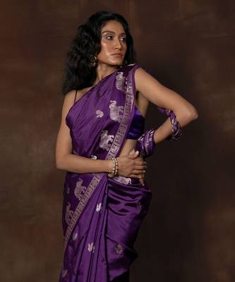 Purple hand woven banarsi silk brocade saree with running blouse 3