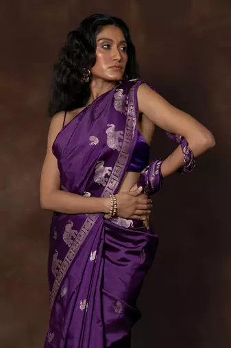 Purple hand woven banarsi silk brocade saree with running blouse