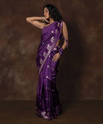 Purple hand woven banarsi silk brocade saree with running blouse 4