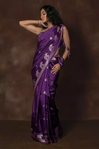 Purple hand woven banarsi silk brocade saree with running blouse