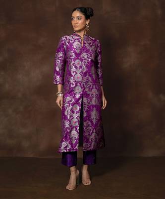 Purple banarsi brocade silk kurta set 1