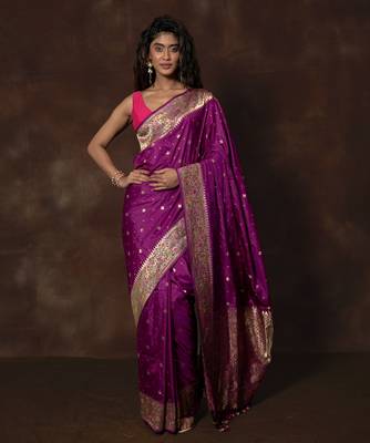 Purple hand woven banarsi silk brocade saree with running blouse 1